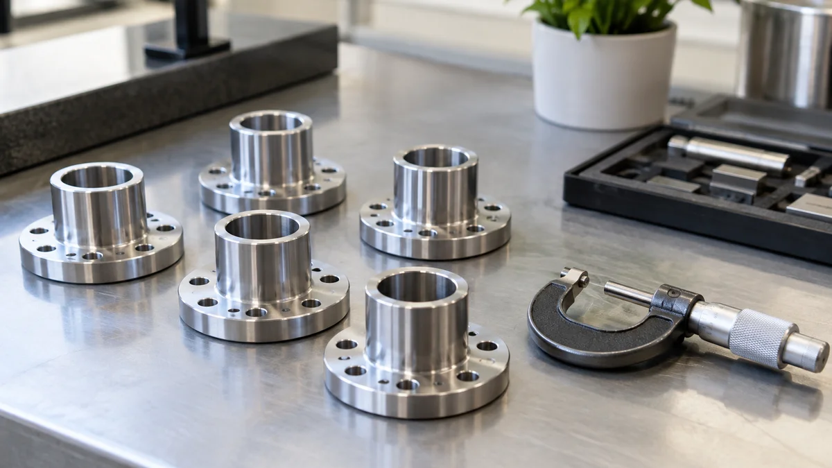 Matching machined metal parts arranged beside a micrometer for inspection.