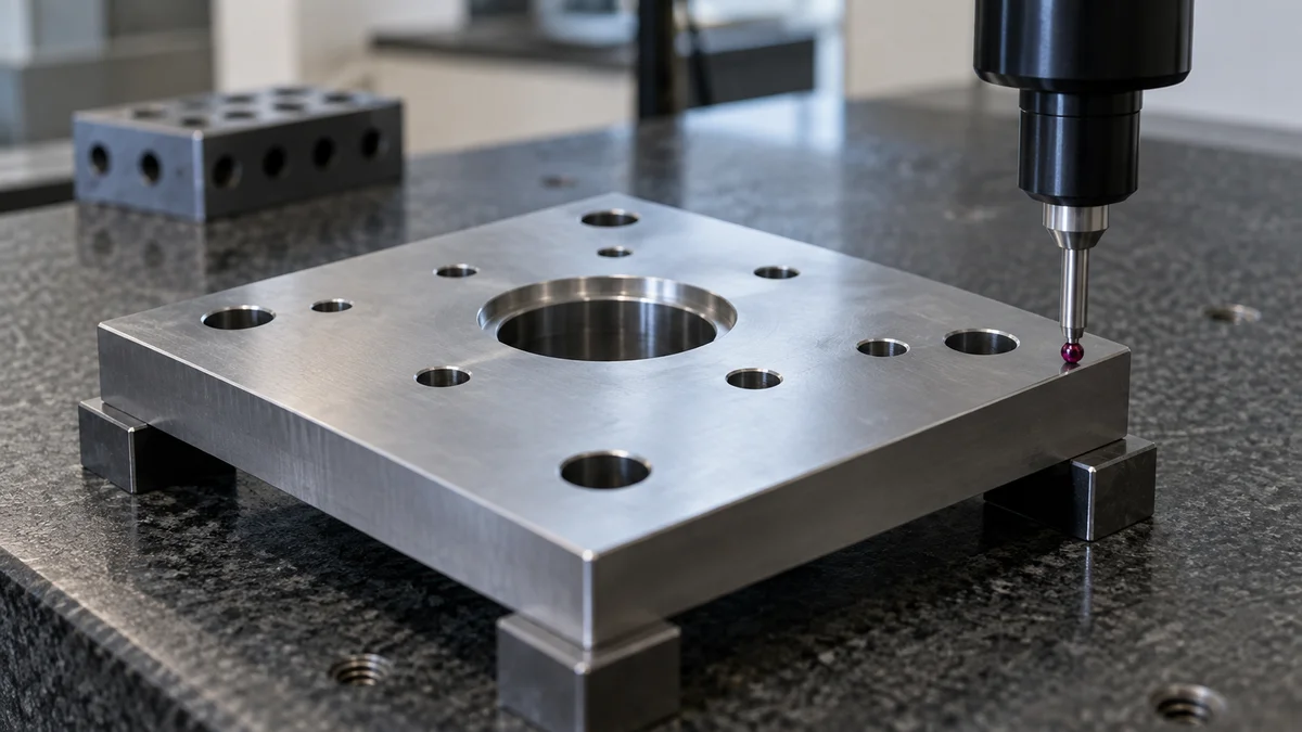 Machined plate with a hole pattern beside a measuring probe.