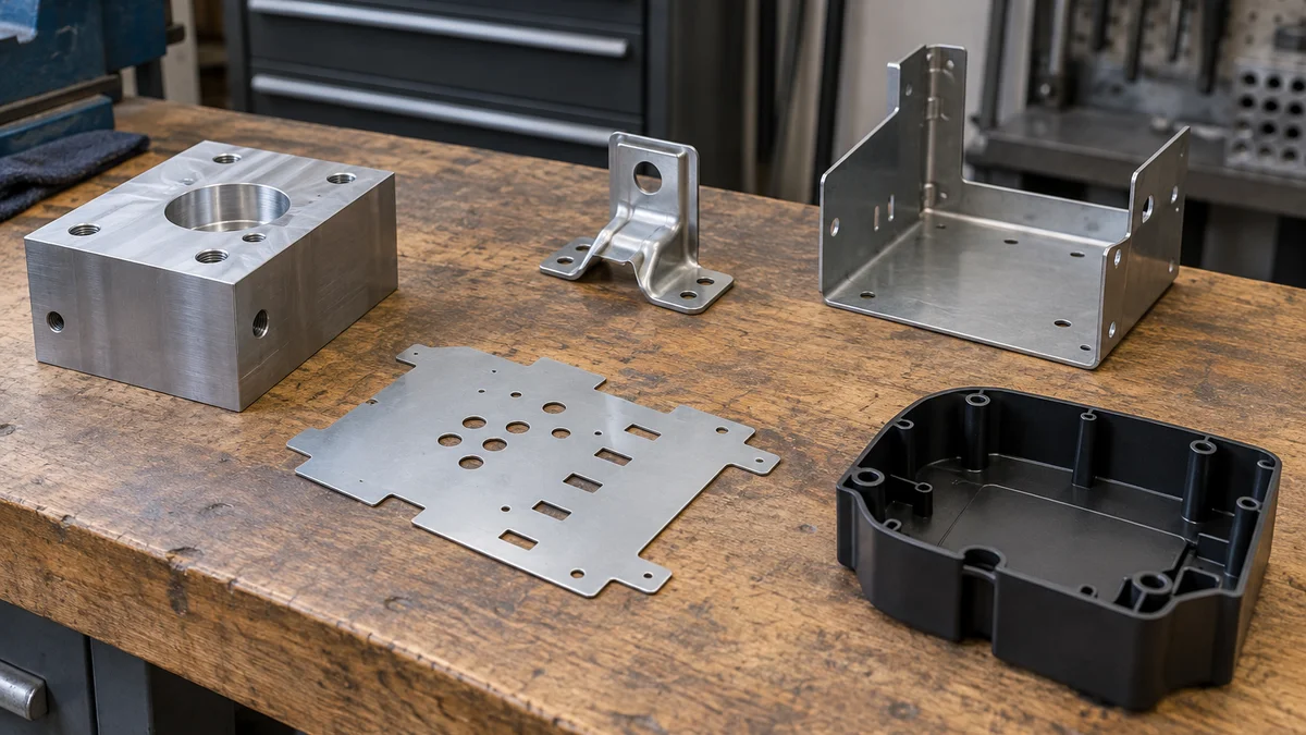 Metal and plastic component samples arranged on a bench.
