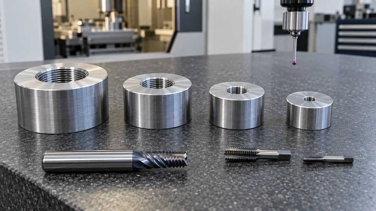 Mixed Threaded Metal Parts Machined metal samples with different threaded bores beside taps and a thread mill.