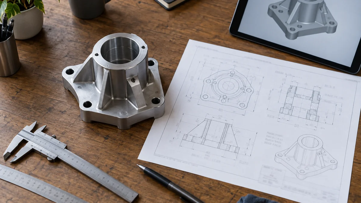 A machined part beside an unreadable technical drawing and a 3D model display.