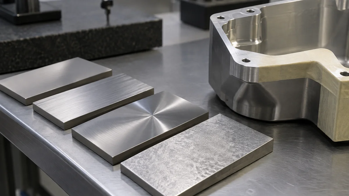 Machined metal surfaces with different textures beside a part with a masked area.