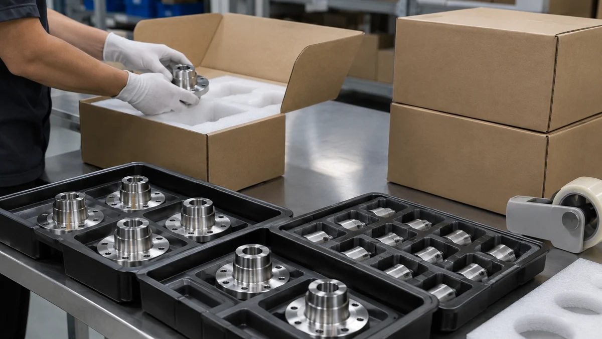 Machined components in protective trays beside plain shipping cartons.