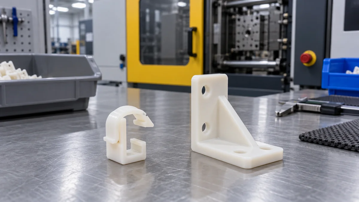 A molded nylon snap feature and a separate molded bracket on a bench.