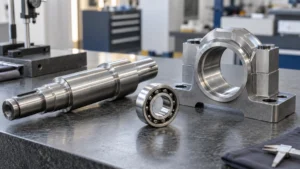 Metal shaft, bearing housing, and loose bearing arranged on an inspection table.