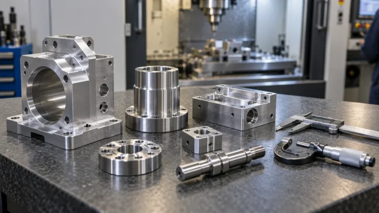 Metal components arranged beside a caliper and micrometer on a worktable.