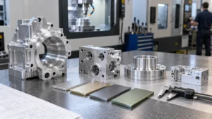 Machined aluminum parts and finish samples arranged beside a caliper on an inspection table.