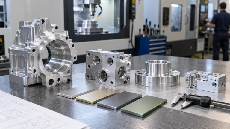 Machined aluminum parts and finish samples arranged beside a caliper on an inspection table.