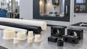 Two groups of machined polymer parts beside unmarked stock rods on an inspection bench.