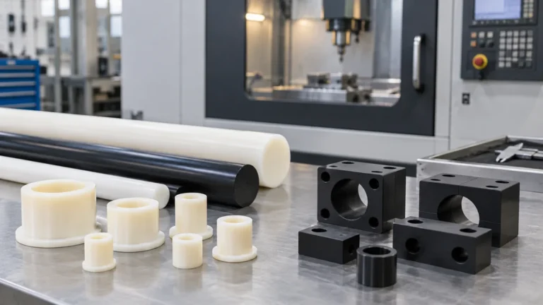 Two groups of machined polymer parts beside unmarked stock rods on an inspection bench.