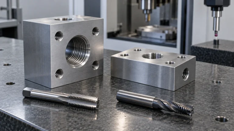 A tap and thread mill beside two metal blocks with threaded holes.
