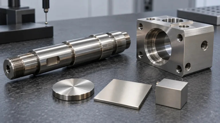 A metal shaft and bored block on an inspection table beside metal sample pieces.