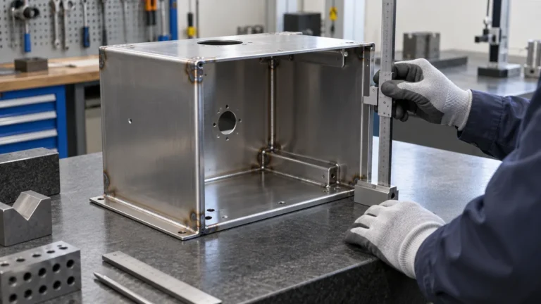 Gloved hands inspect the welds and formed panels of a sheet metal enclosure on a workbench.