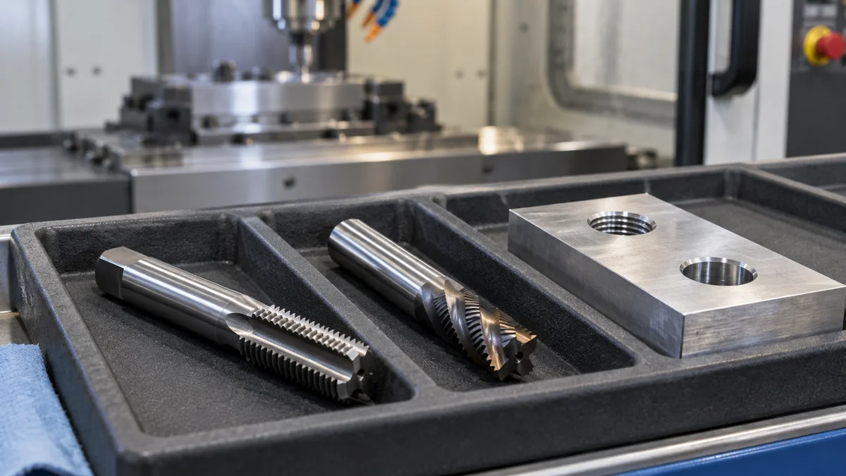 Tap and Fluted Cutter Beside Threaded Sample A tap and a fluted cutter in a tool tray beside a metal block with a threaded hole.