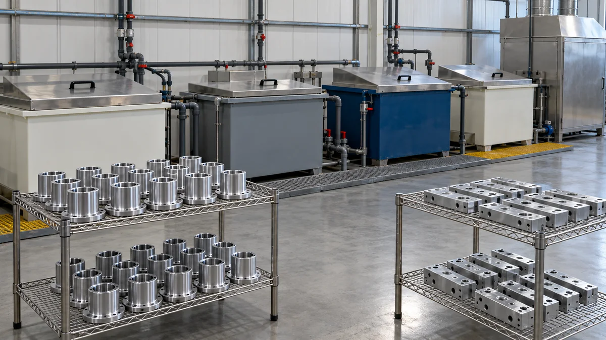 Metal Components Near Process Tanks Metal components on racks in front of closed industrial process tanks.