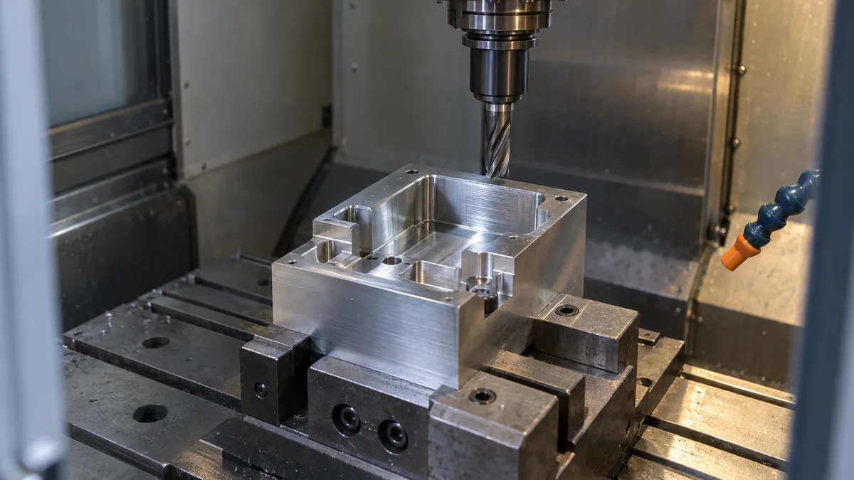 A fixtured metal part with a deep pocket inside an enclosed CNC machine.