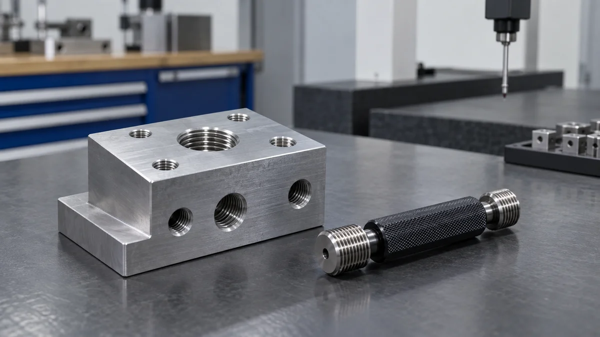 Thread Gauge and Machined Part A thread plug gauge beside a machined part with threaded holes.