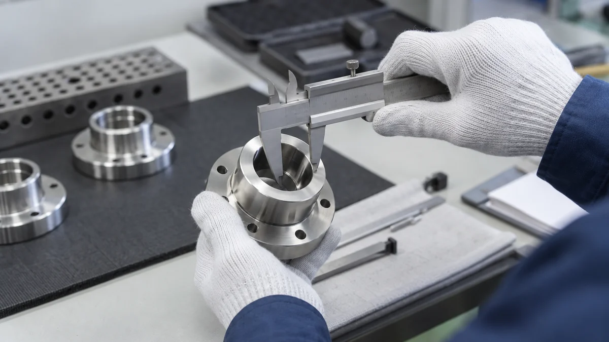 Gloved hands hold a flanged metal part while a caliper is positioned inside its bore.