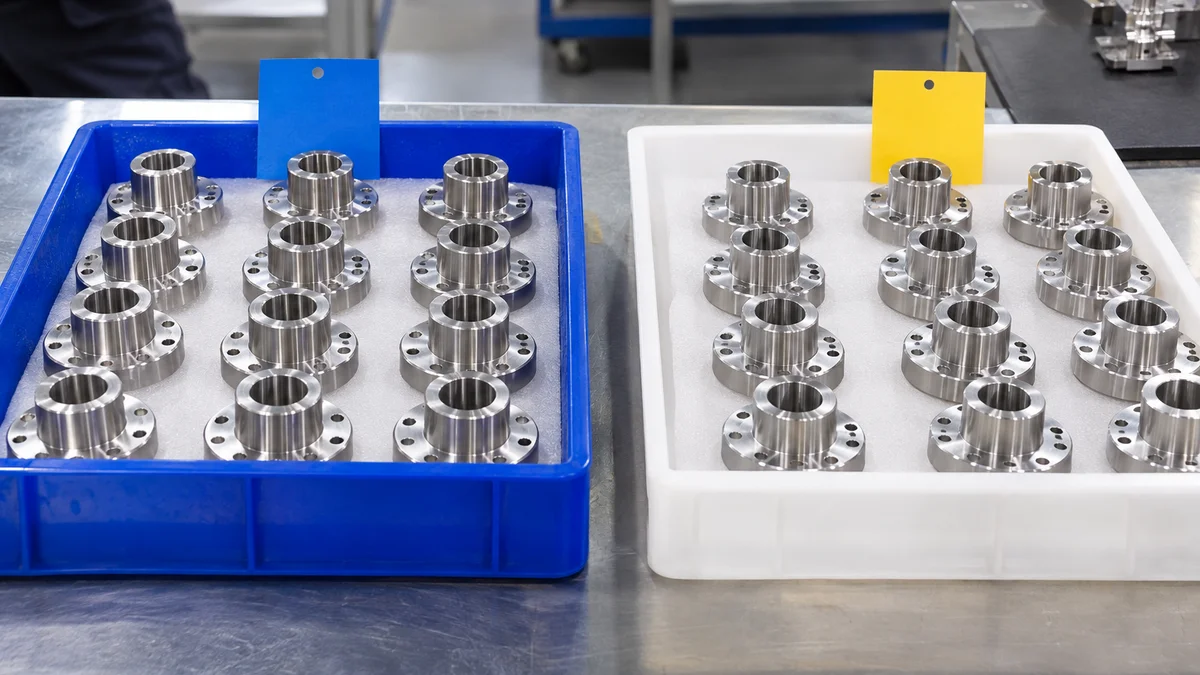 Two trays of similar metal components separated by blank colour tags.