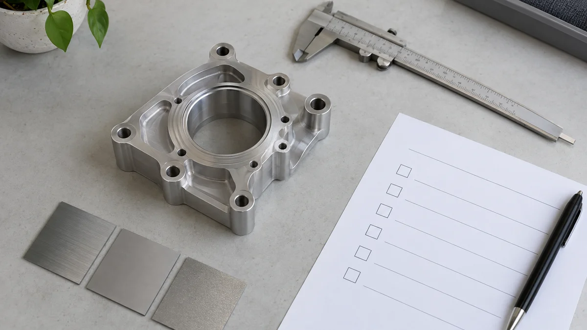 Metal-looking component, caliper, finish samples, and a blank checklist on a table.