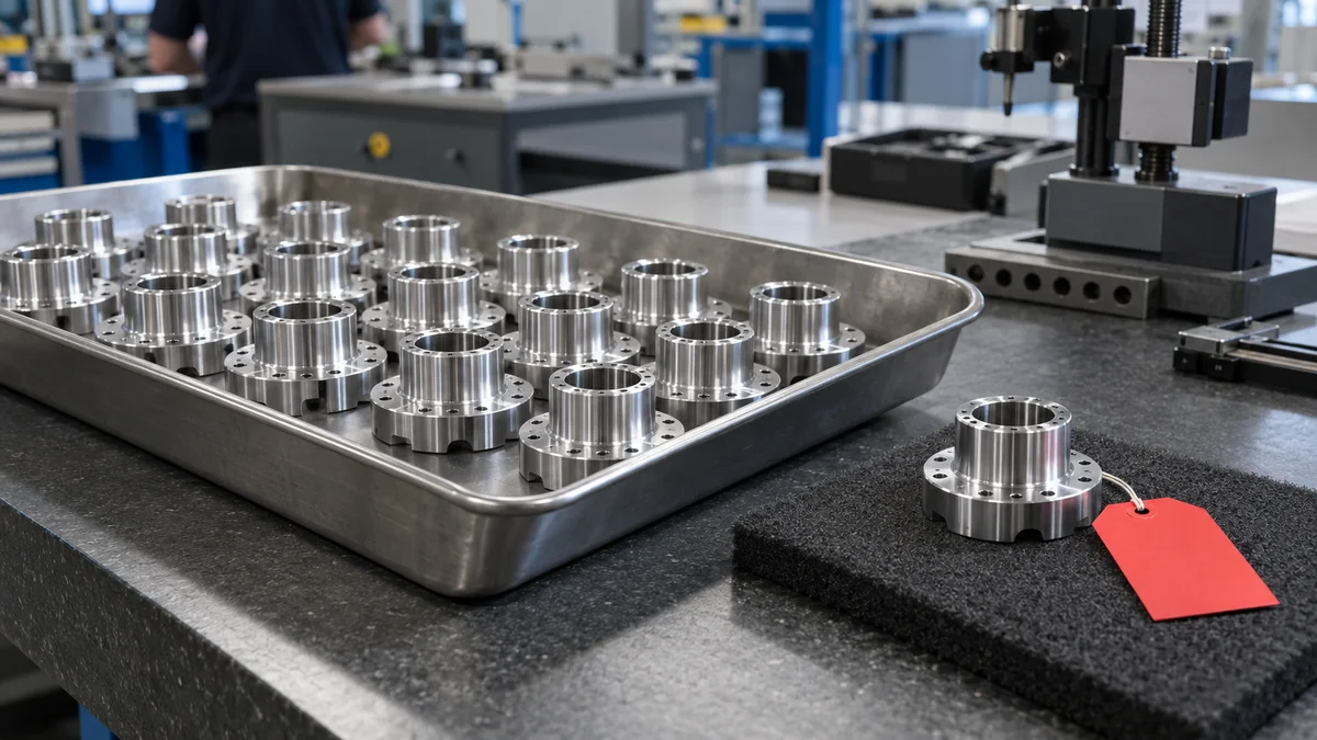 Tray of machined parts separated for review beside a blank red tag.