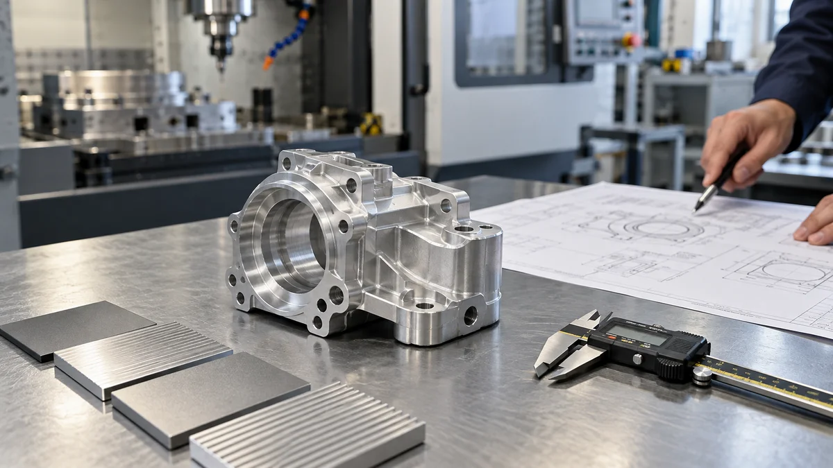 Aluminum RFQ Inspection Setup Machined aluminum part, caliper, finish samples and an unreadable drawing on a review table.