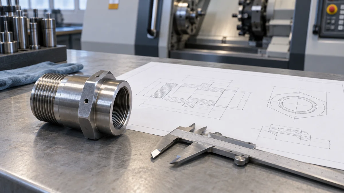 Threaded Part RFQ Review A threaded metal part, calipers, and a technical drawing on a review table.