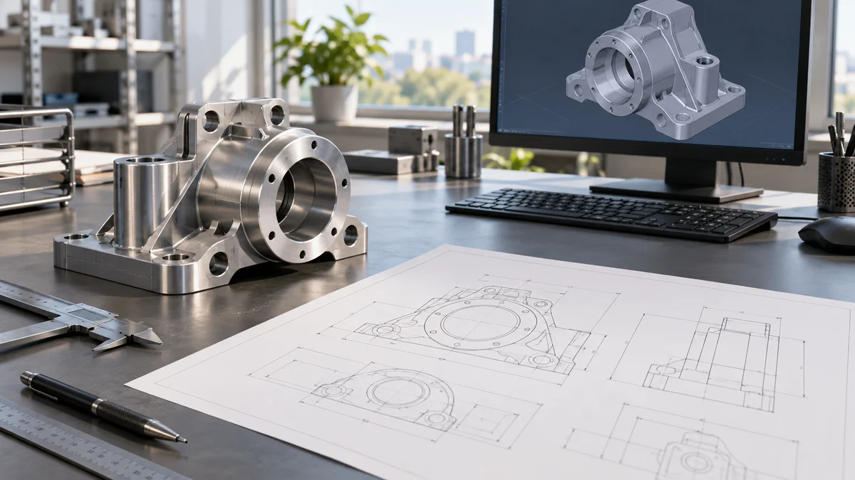 Part Drawing and CAD Review A metal component beside a technical drawing and a CAD display.