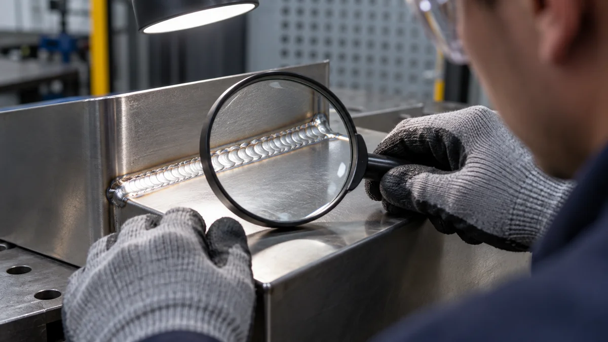 A gloved inspector uses a magnifier to examine a finished sheet metal weld.