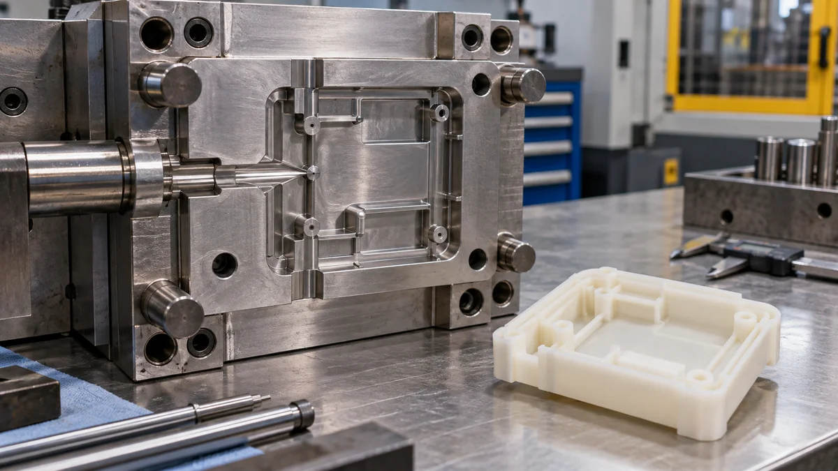Injection mold insert and gate region beside a molded nylon component.