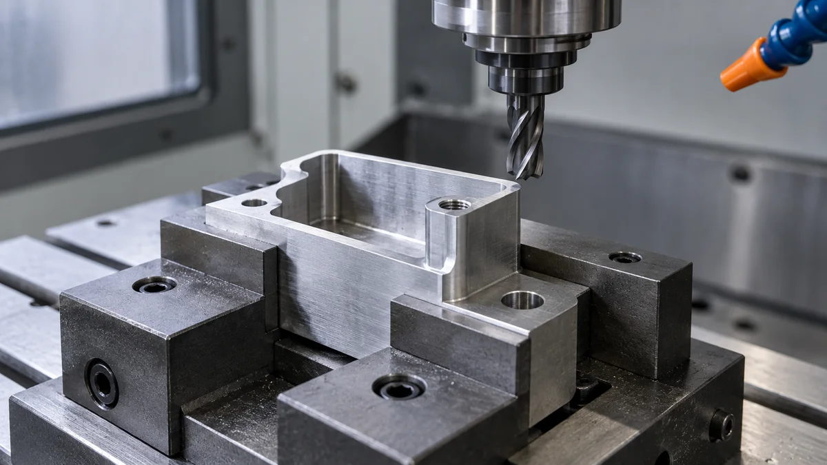 Thin Wall Beside Threaded Hole A fixtured machined component with a threaded hole near a thin wall.