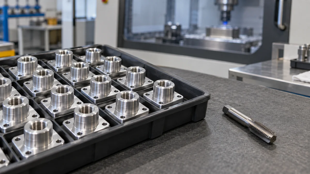 Threaded Components in Tray Metal components with threaded holes arranged in a divided tray.