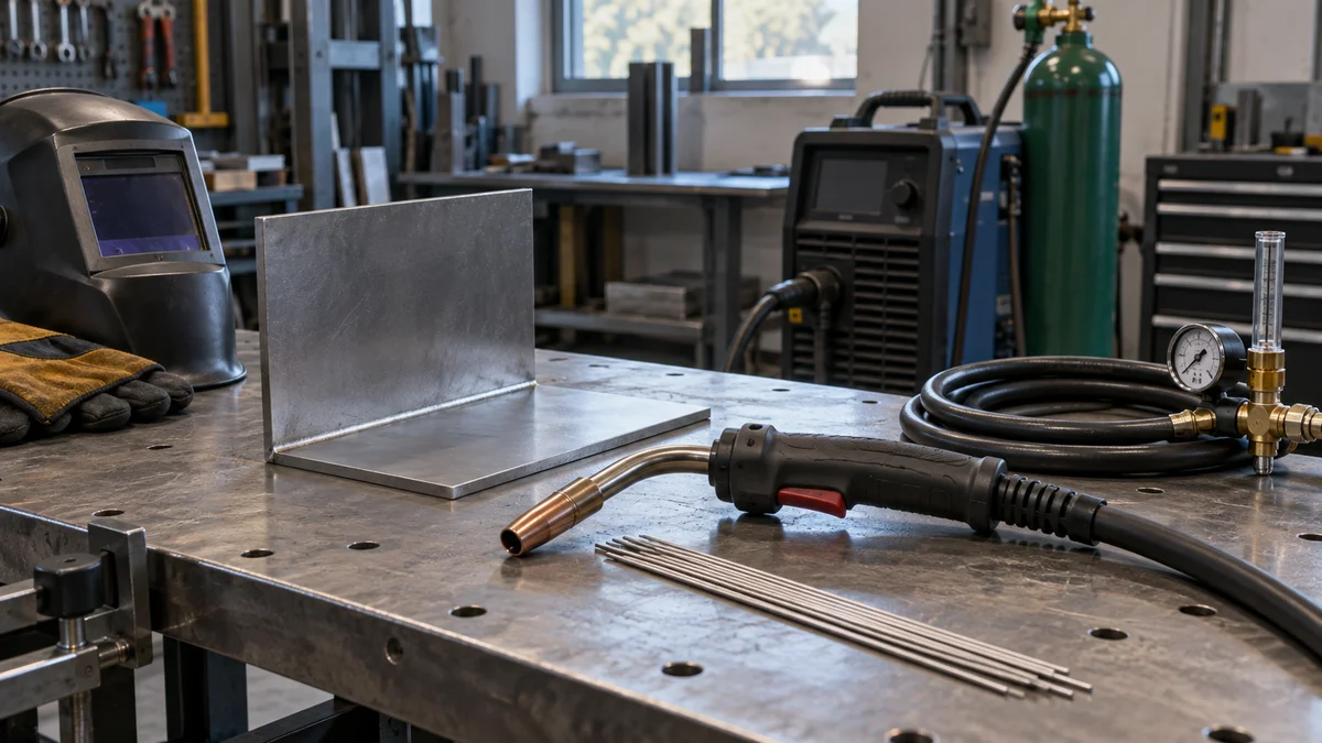 A welding torch and filler rods lie beside perpendicular metal plates with a visible weld bead.