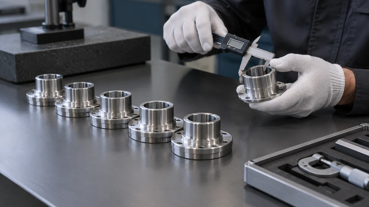 Matching machined components arranged in sequence beside a dimensional gauge.