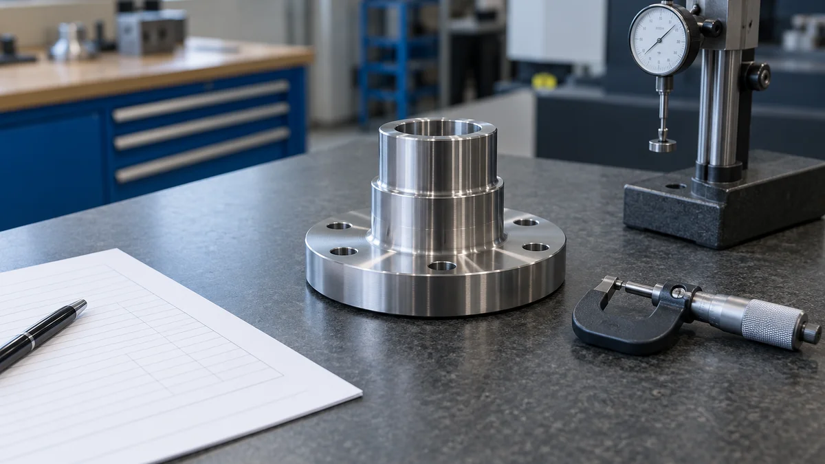 A single machined component beside inspection tools and a blank report sheet.