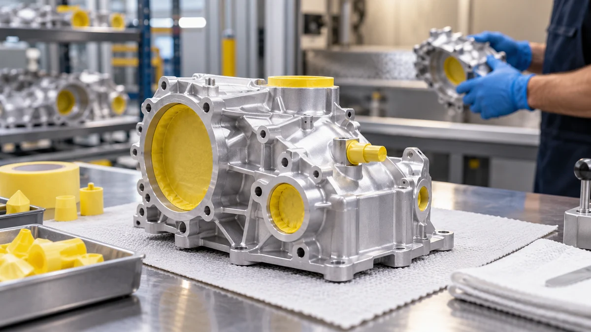 Masked Aluminum Features Machined aluminum housing with selected bores and a projecting feature visibly masked.