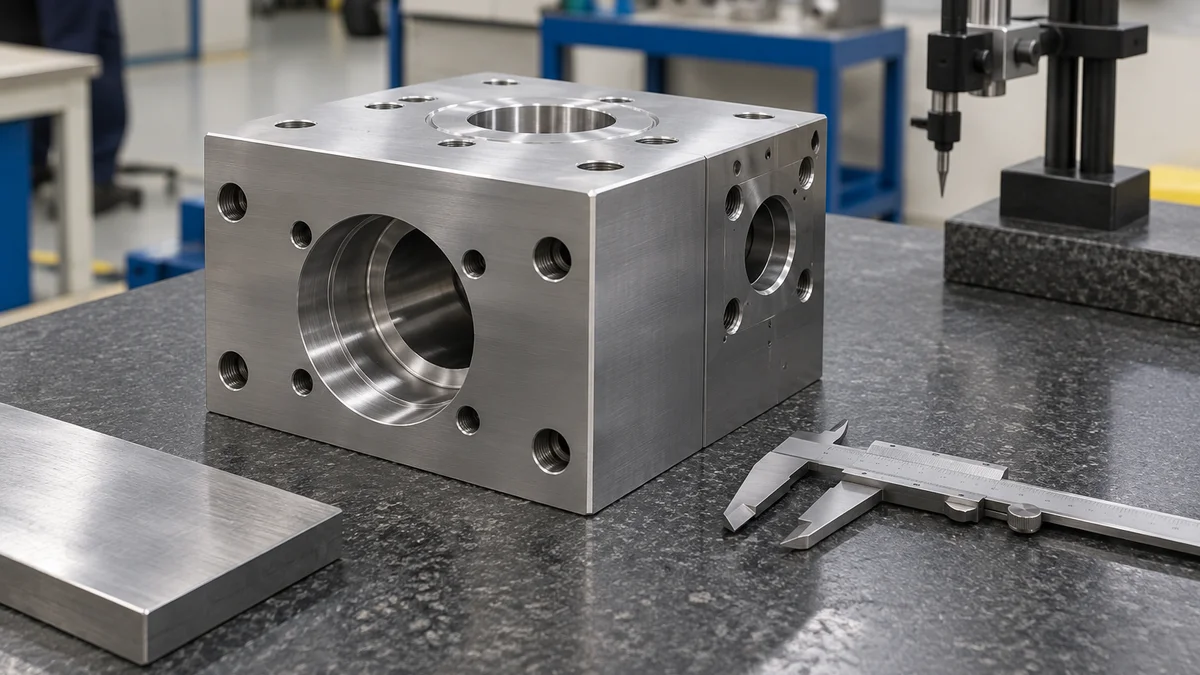 Machined metal block with visible round holes beside inspection tools.