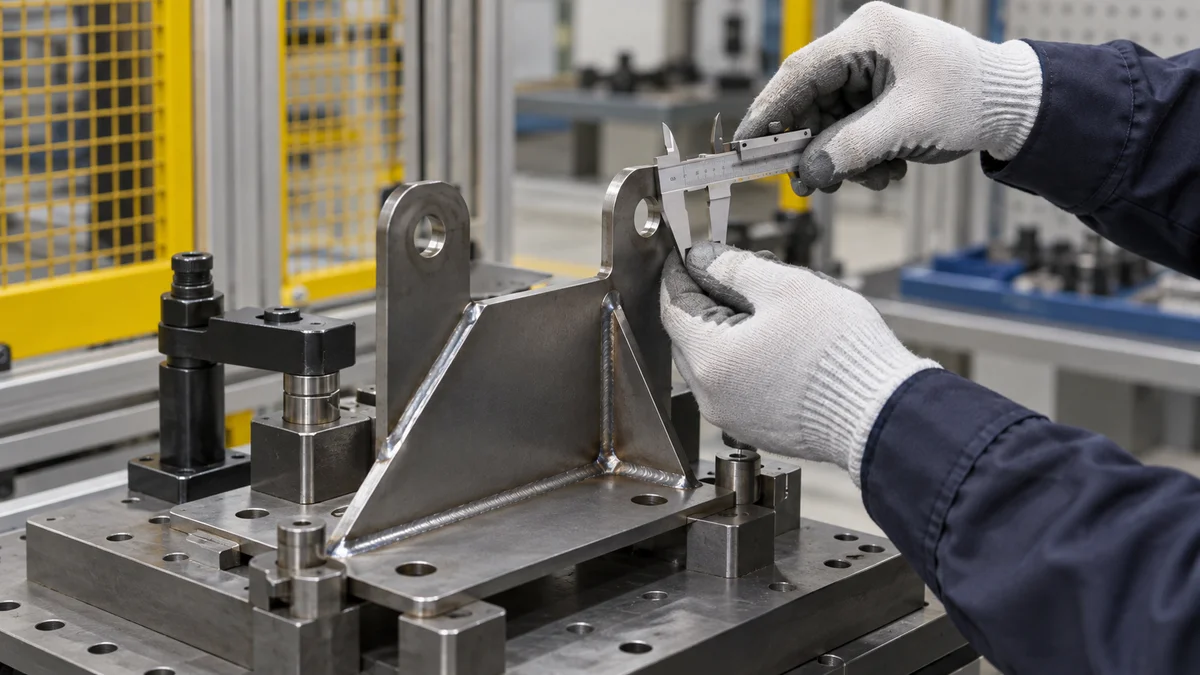 Gloved hands hold a caliper against an upright on a welded metal bracket in a fixture.