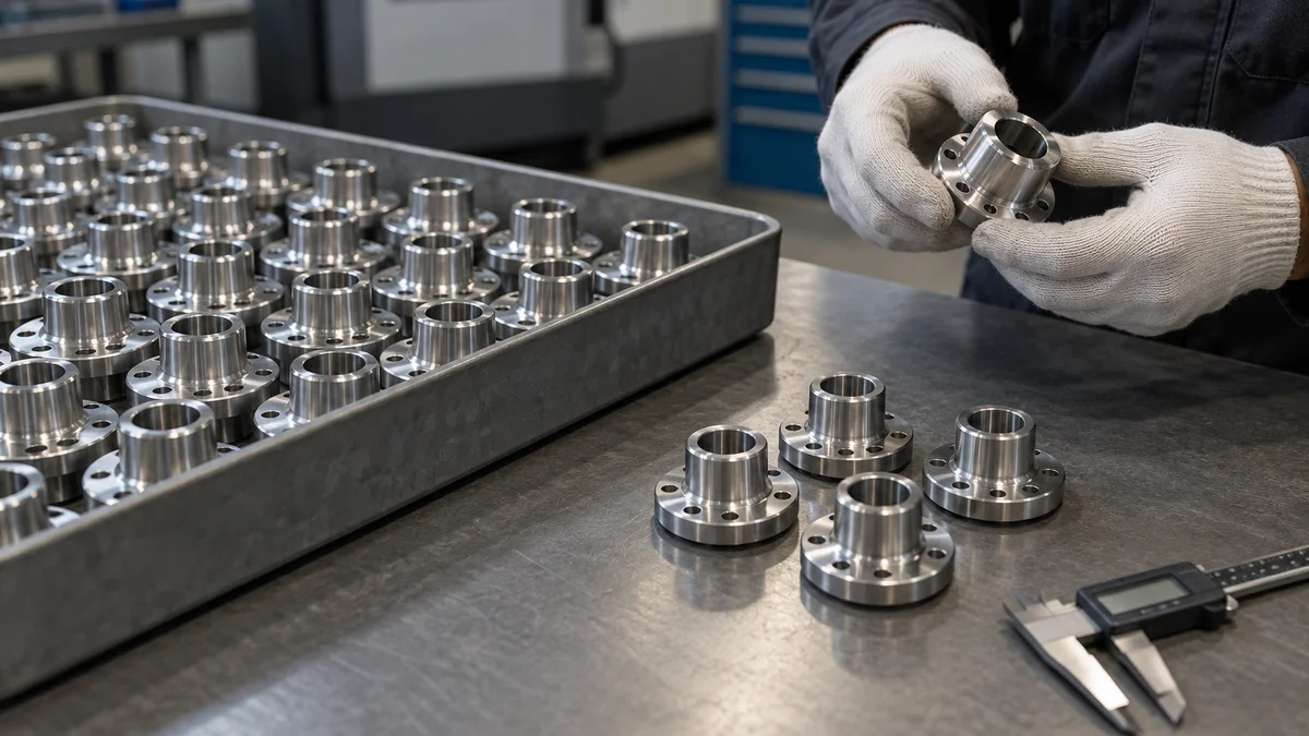Several metal components set apart from a larger tray beside a caliper.