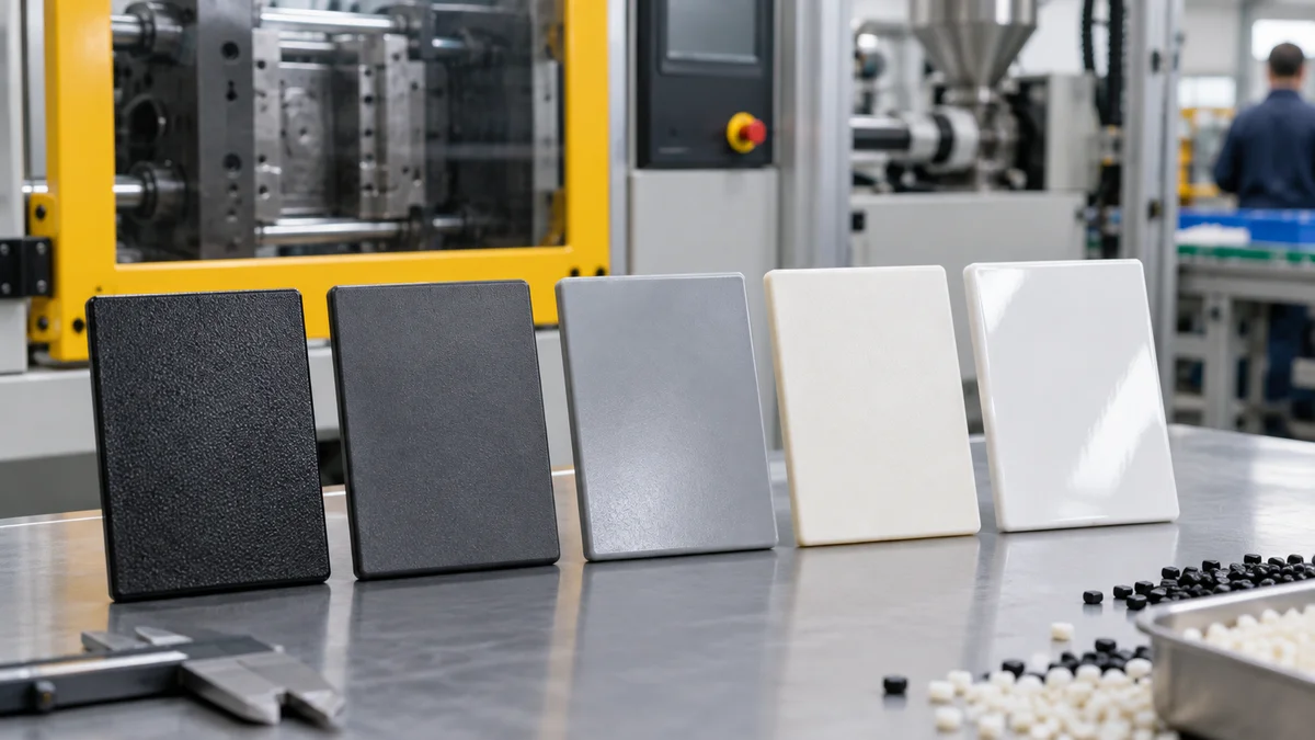 Molded nylon surface samples with different visible textures and gloss.