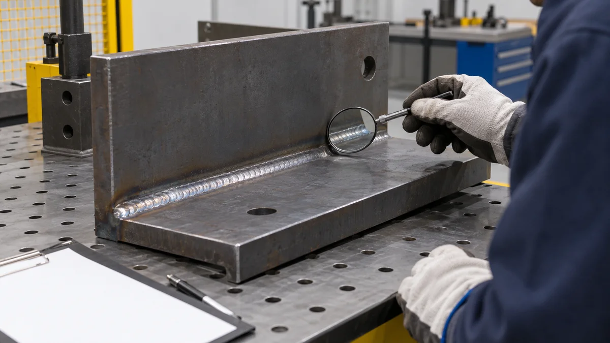 A gloved inspector examines a weld on a steel assembly with a small mirror.